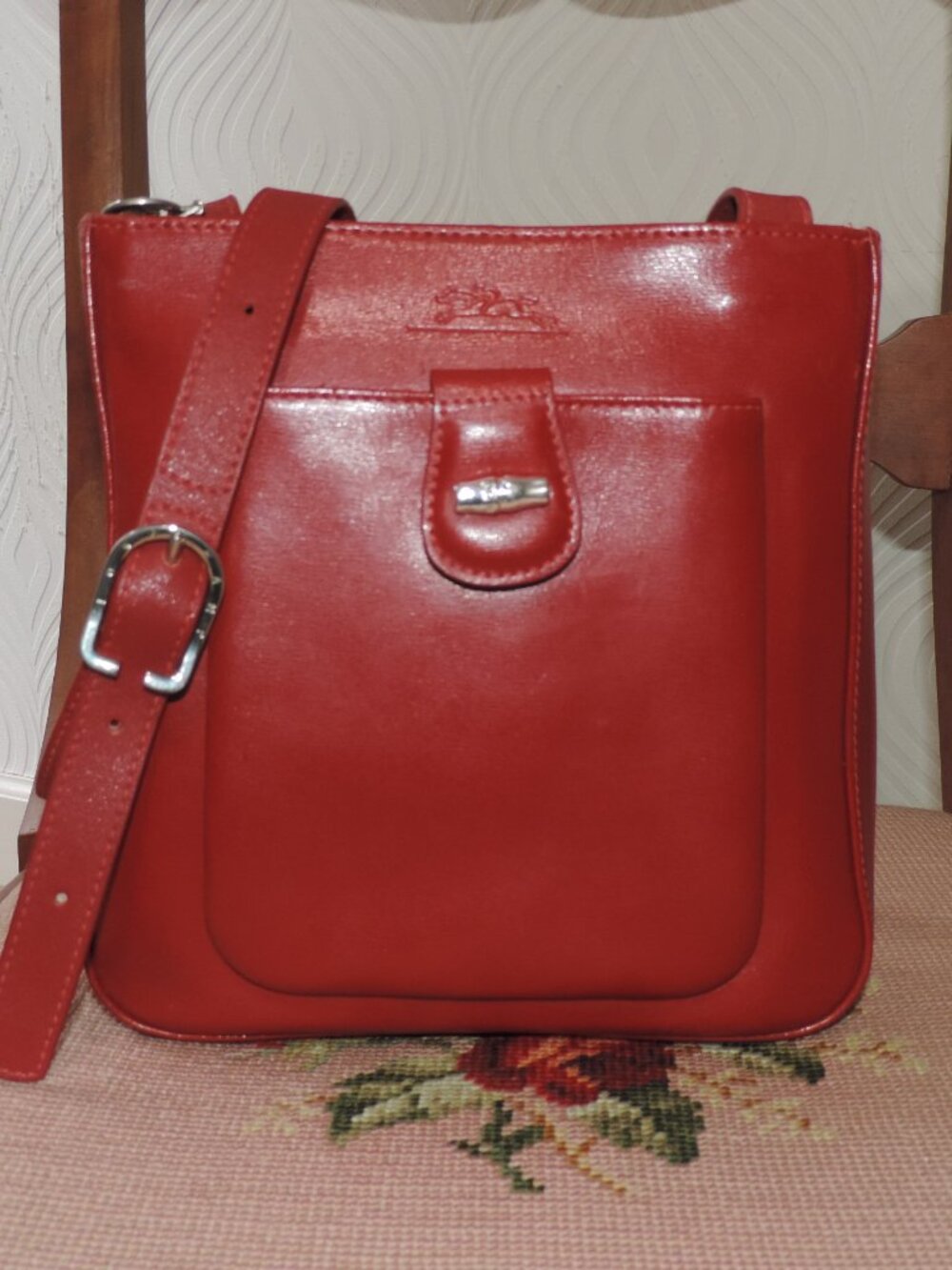 LONGCHAMP Red Le Roseau Slim Shoulder/Crossbody Bag made in France Silver metal